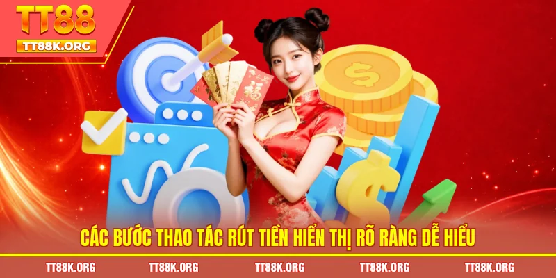 Các bước thao tác rút tiền hiển thị rõ ràng dễ hiểu